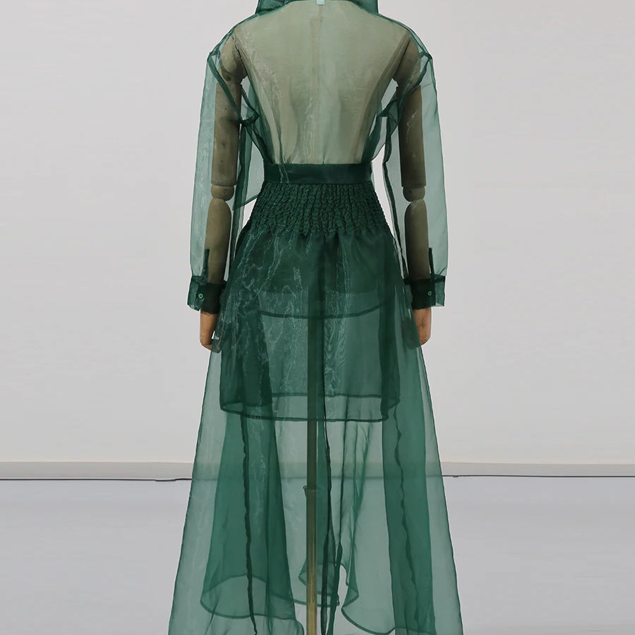 TWOTWINSTYLE Solid Sheer Two Piece Sets for Women Round Neck Long Sleeves Spliced Bowknot Top High Waist Skirt Set Female New