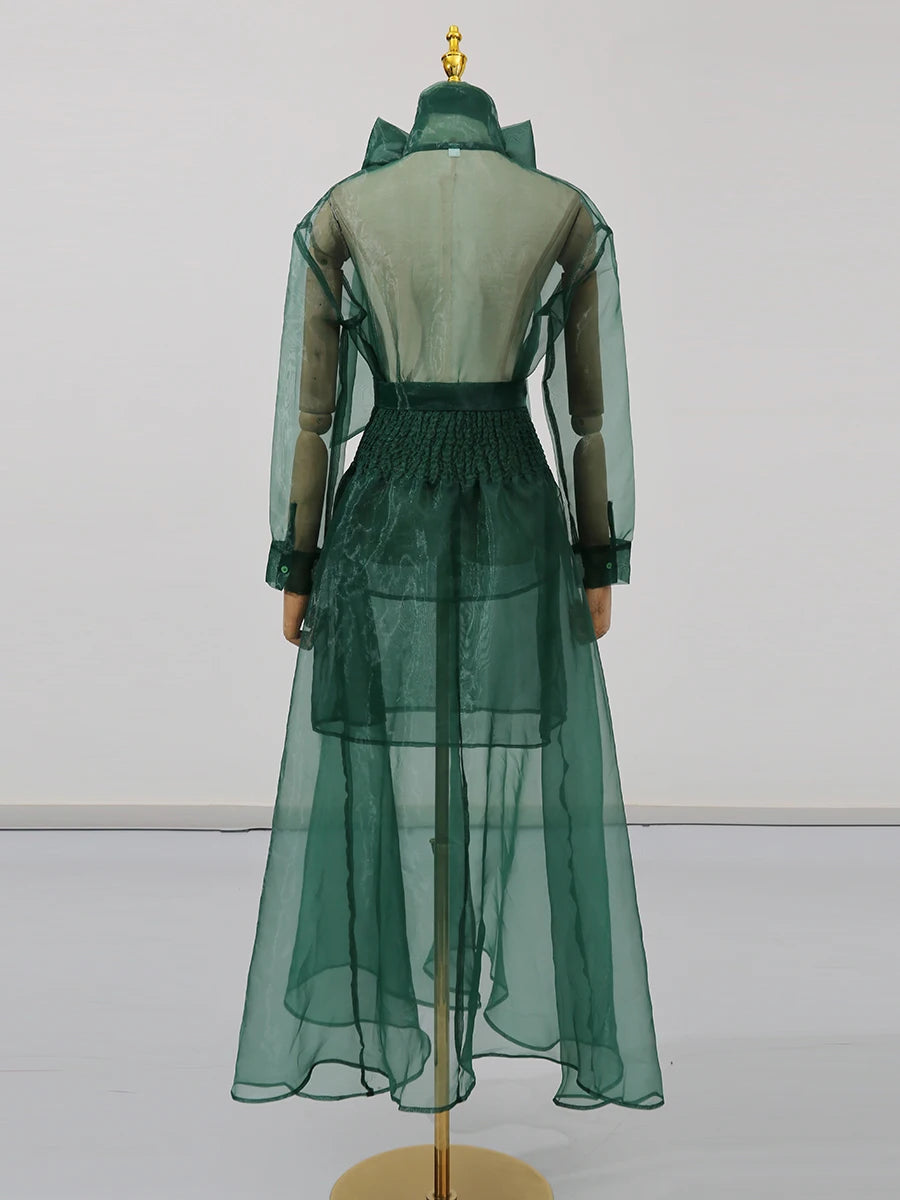 TWOTWINSTYLE Solid Sheer Two Piece Sets for Women Round Neck Long Sleeves Spliced Bowknot Top High Waist Skirt Set Female New