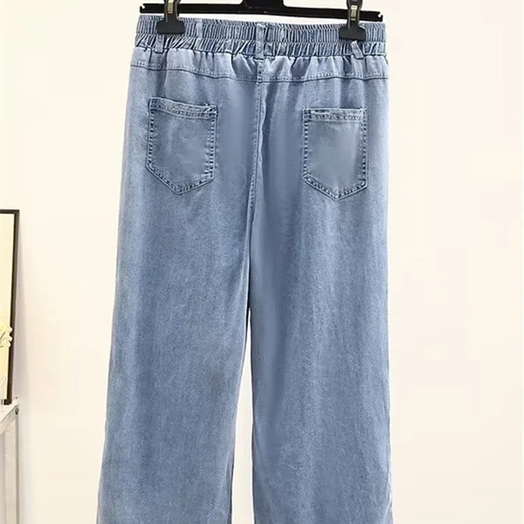 Plus Size Women's Clothing Denim Elasticated Waist Summer Thin Washed Jeans Fatty Wide-Legged Trousers For Obese Ladies Wear