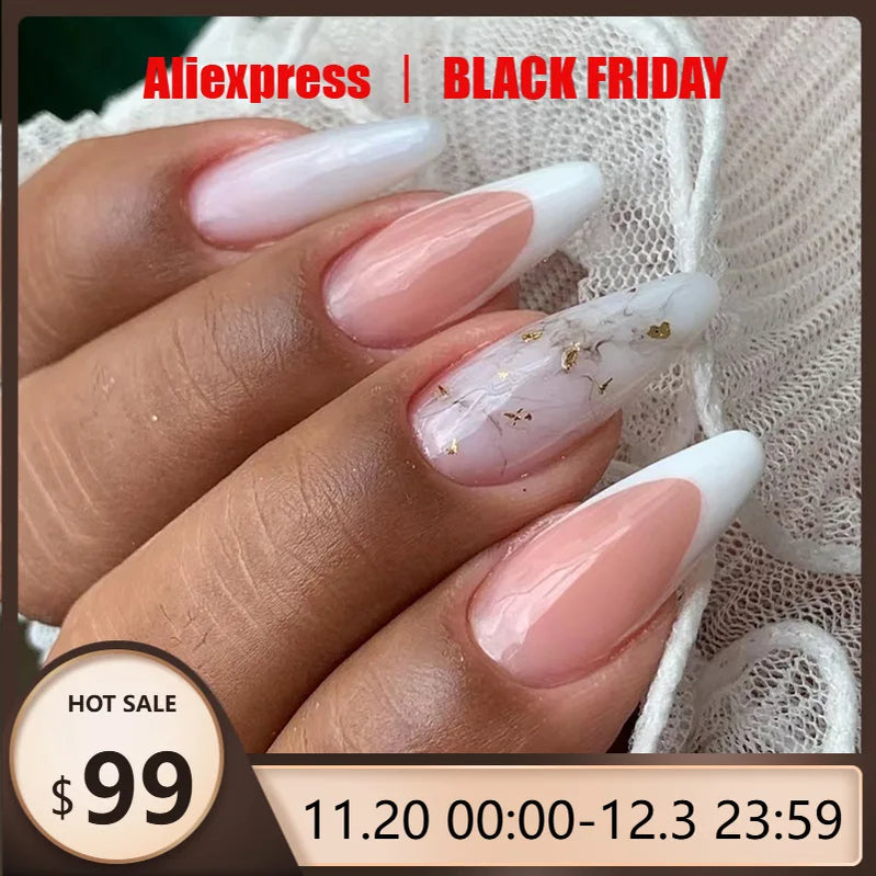 24pcs White French Gold Messy Lines Press on Nails Almond Simple Pink Fake Nails Full Cover Wearable False Nails