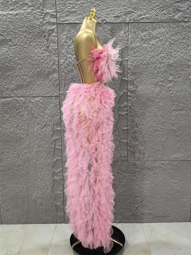 Pink Color Women Sexy Strapless Ruffles 2 Pieces Bodycon Long Dress High Split Fashion Nightclub Party Birthday Fashion Dress