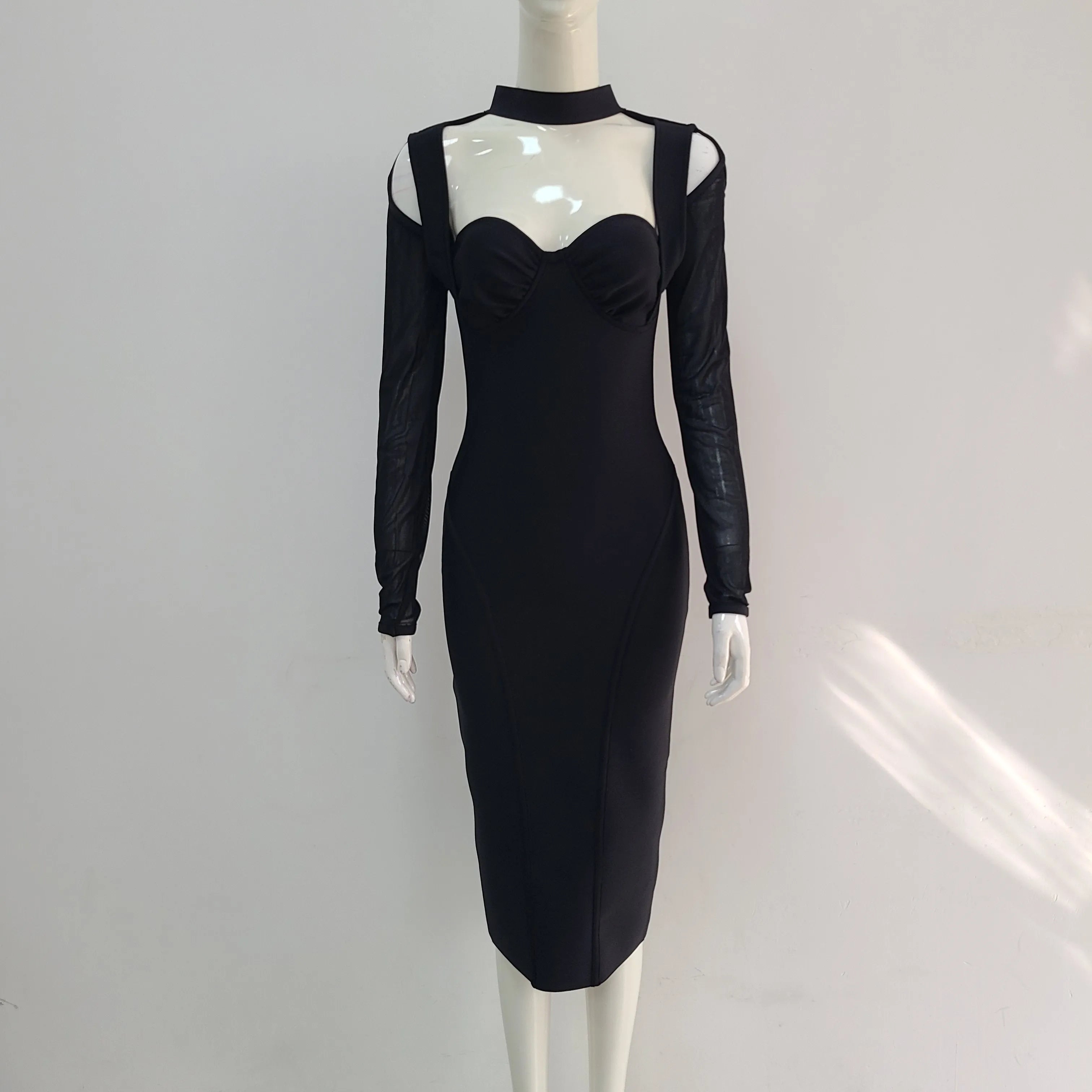 White Color Women Fashion Sexy Mesh Long Sleeve Mid-calf Bodycon Dress Rayon Bandage New Desinger Evening Party Dress