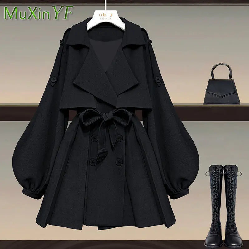 Women's Autumn/Winter New Fashion Waist Jacket Midi Skirt Two Piece Suit Korean Elegant Loose Coat Dress Matching Set