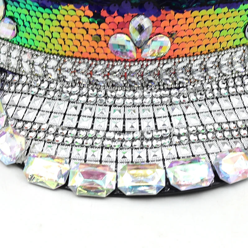 Stage Performance Bride Sergeant Hats For Women Handmade Luxury Rhinestone Hen Do Hat Sequin Burning Fashion Sailor Military Cap