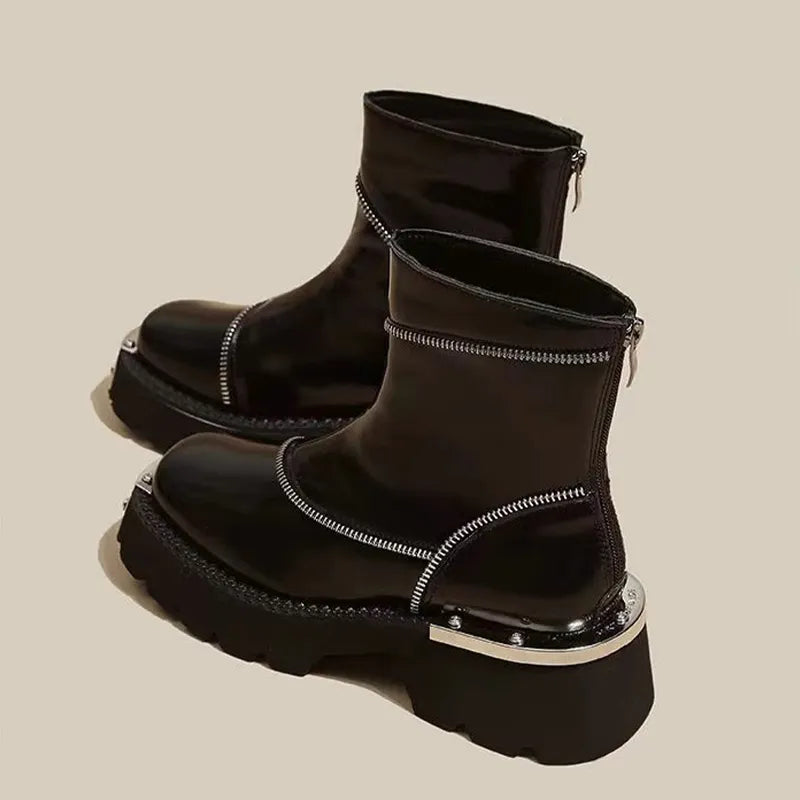 Spring 2024 Women Platform Shoes Mid Heels Brand Chelsea Boots Designer Gladiator Ankle Boots Pumps Punk Motorcycle Botas