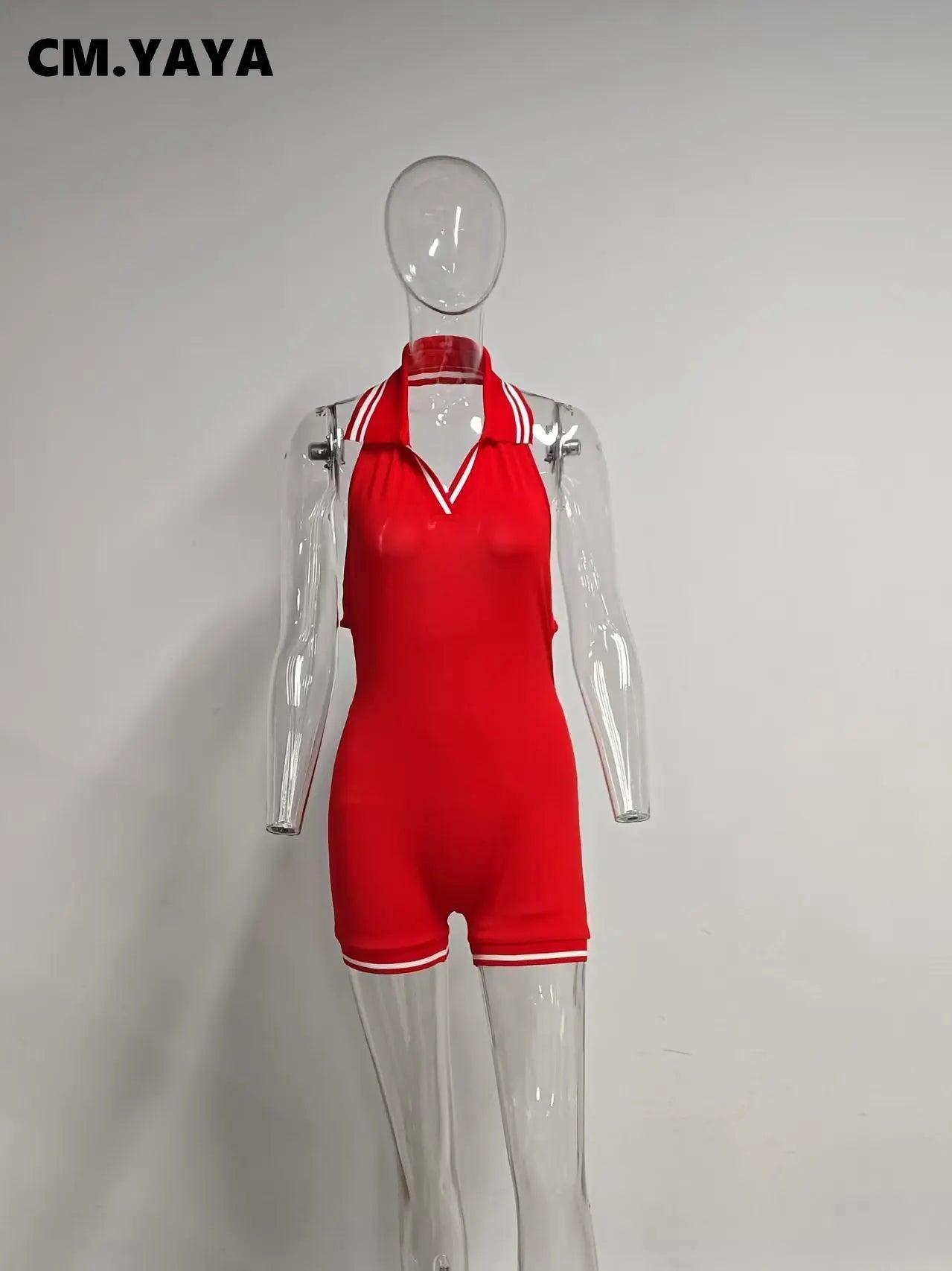 CM.YAYA Women Knitted Sleeveless V-neck Backless Short Jumpsuits Street 2025 Summer Striped One Piece Suit Romper Playsuits
