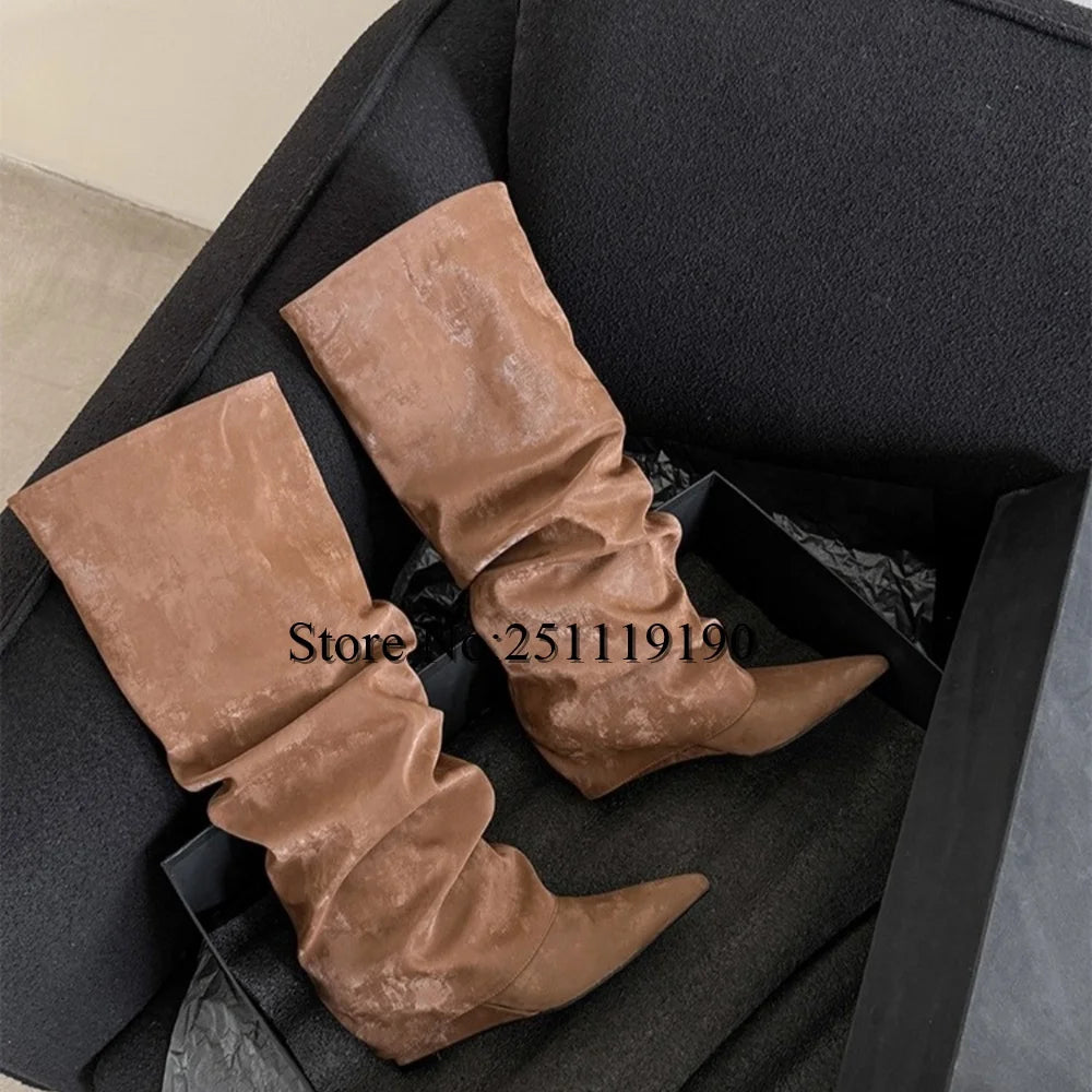 Brown Pleated Knee-high Boots Pointed Toe Wedges 2025 Black Fashion Shoes Autumn Winter Slip On Pull On Luxury Designer Booties