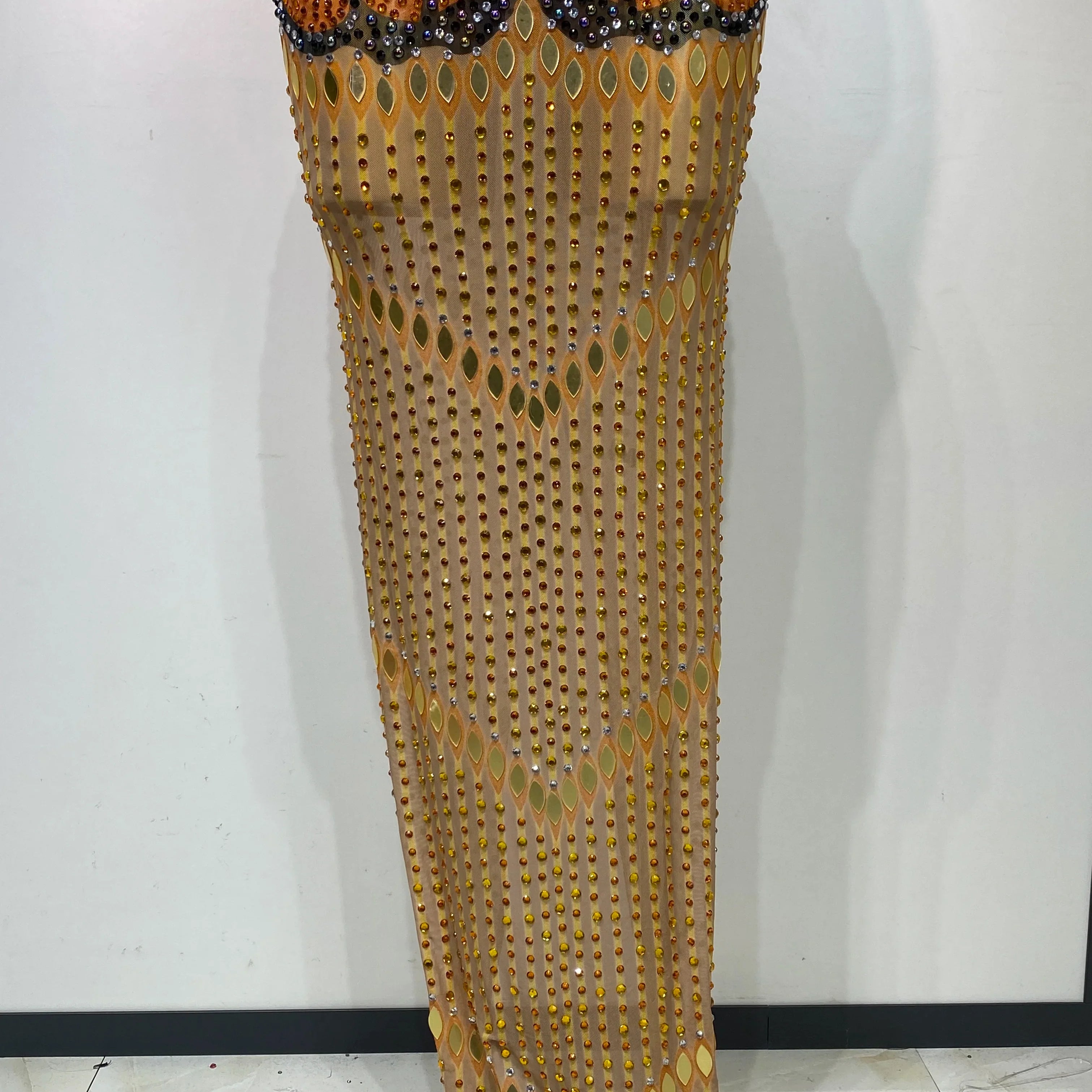Luxury Rhinestones Mesh Long Dress  Elegant Sexy Sleeveless Birthday Evening Party Gown Performance Singer Stage Outfit