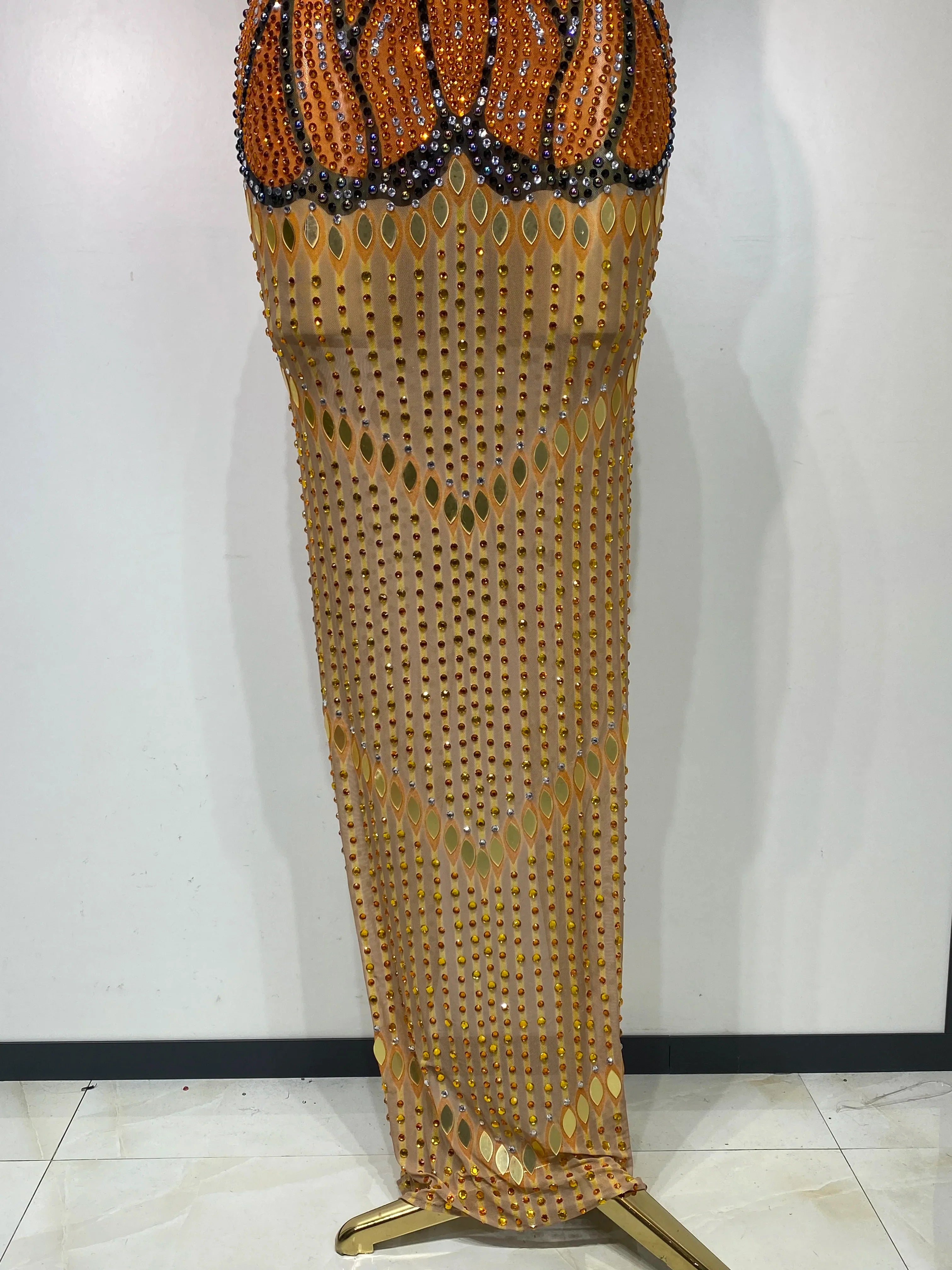 Luxury Rhinestones Mesh Long Dress  Elegant Sexy Sleeveless Birthday Evening Party Gown Performance Singer Stage Outfit