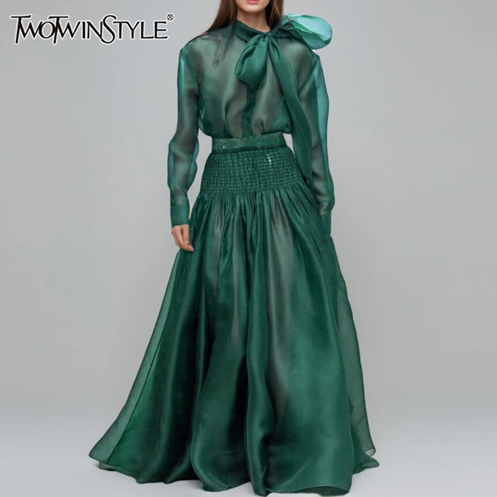TWOTWINSTYLE Solid Sheer Two Piece Sets for Women Round Neck Long Sleeves Spliced Bowknot Top High Waist Skirt Set Female New