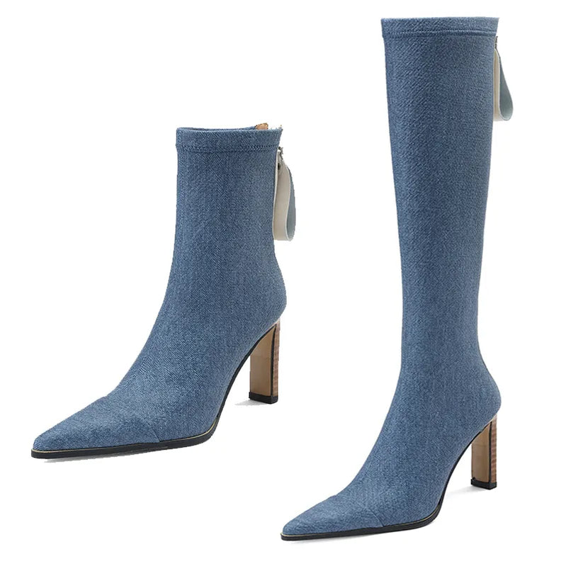 Nova marca outono inverno botas femininas de salto alto apontou zíper botas curtas moda sexy na altura do joelho botas denim sapatos femininos 