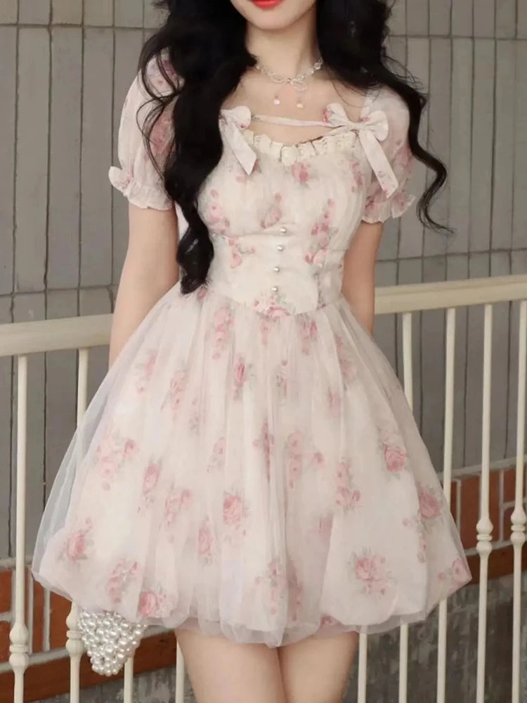 Elegant and Chic Women Casual Print Mini Dress Vintage Slim A-Line Party Birthday Prom Dresses Female French Style Robe Summer pink