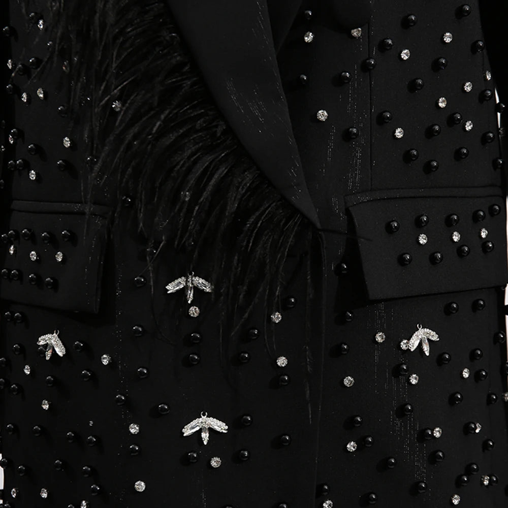 TWOTWINSTYLE Solid Spliced Bead Luxurious Jackets for Women Lapel Long Sleeves Patchwork Single Breasted Jacket Female Clothing