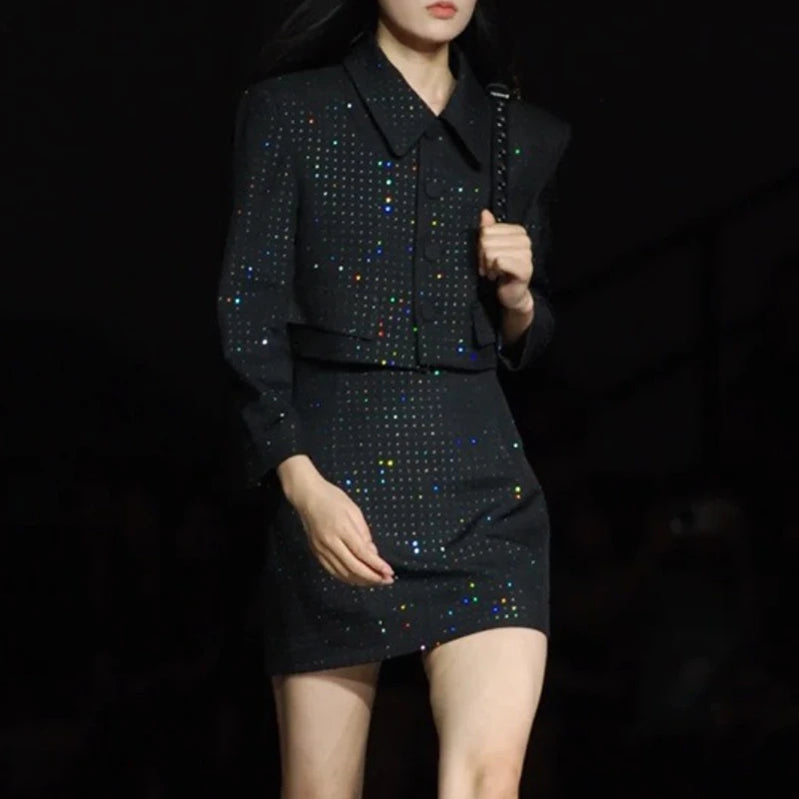 TWOTWINSTYLE Slimming Spliced Hot Fix Two Piece Sets for Women Lapel Long Sleeves Patchwork Single Breasted Top Skirt Set Female