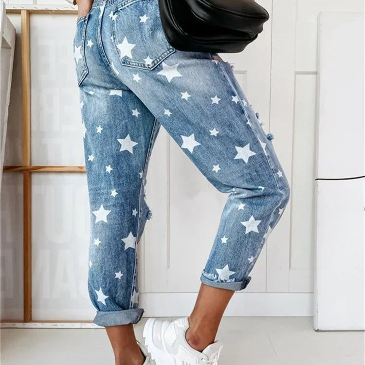 Autumn Boyfriend Jeans Woman Slim Hole Jeans For Ladies With Five-Pointed Star Ripped Jeans Street Casual Blue Denim Pants