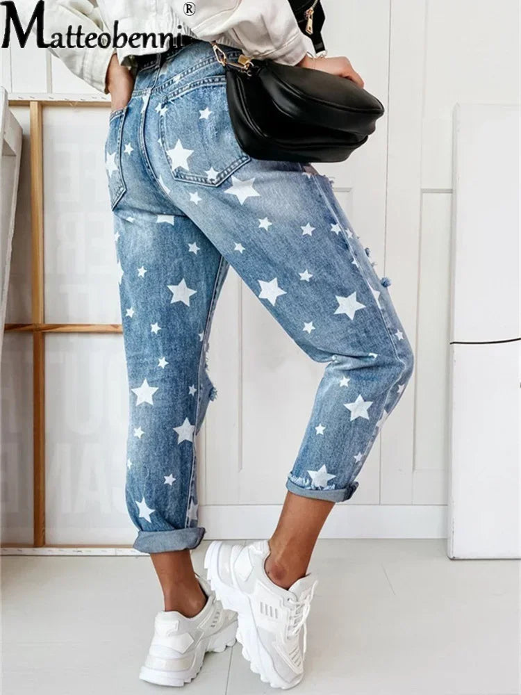 Autumn Boyfriend Jeans Woman Slim Hole Jeans For Ladies With Five-Pointed Star Ripped Jeans Street Casual Blue Denim Pants