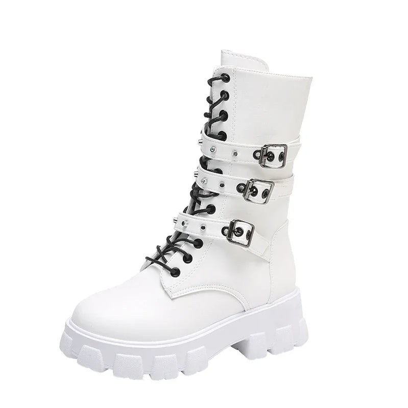 Gothic Platform Buckles Chains Punk Rivets Combat Motorcycle Boots Shoes for Women Chunky Heels Mid Calf Boots boats WHITE