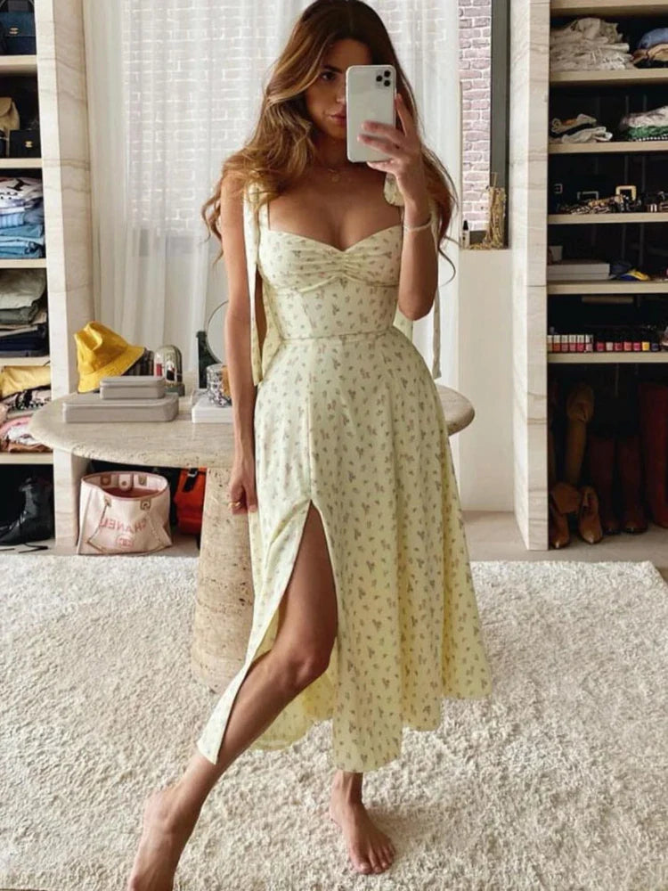 Summer Floral Long Dress Women Fashion Sleeveless Off Shoulder White Slim Slip Maxi Dresses Elegant Sundress Vestido Casual Yellow