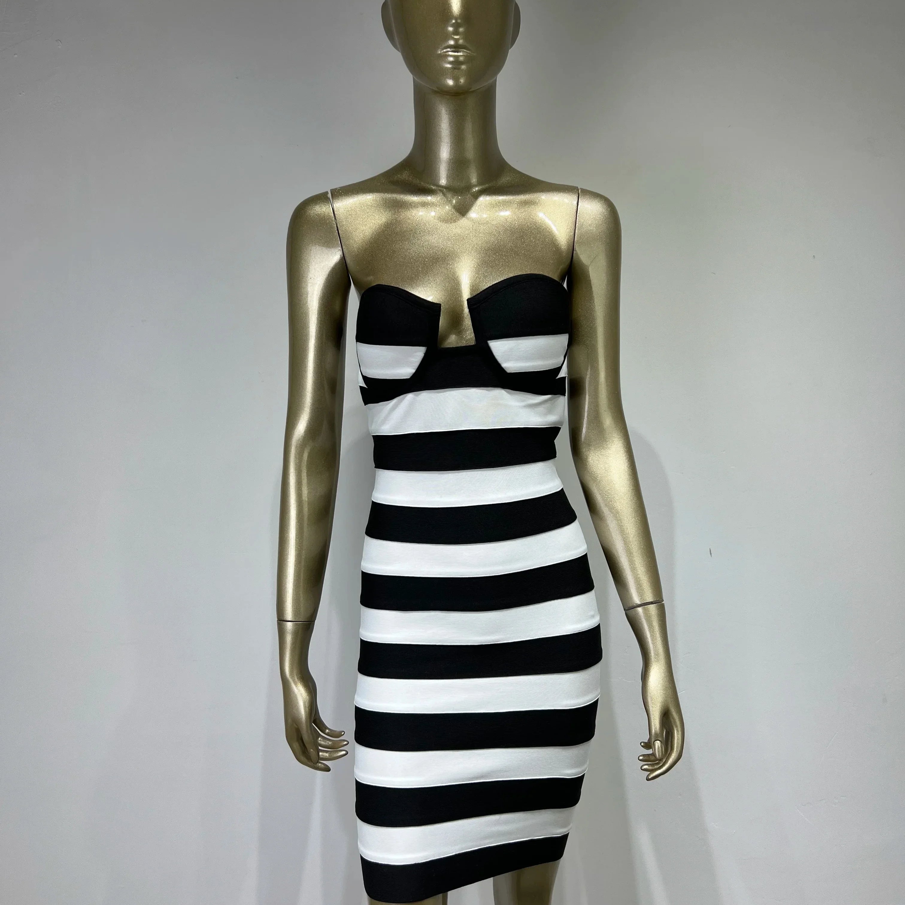 Women Summer Sexy Strapless Backless Striped Mini Bodycon Mini Bandage Prom Dress Elegant Evening Cocktail Party Dresses