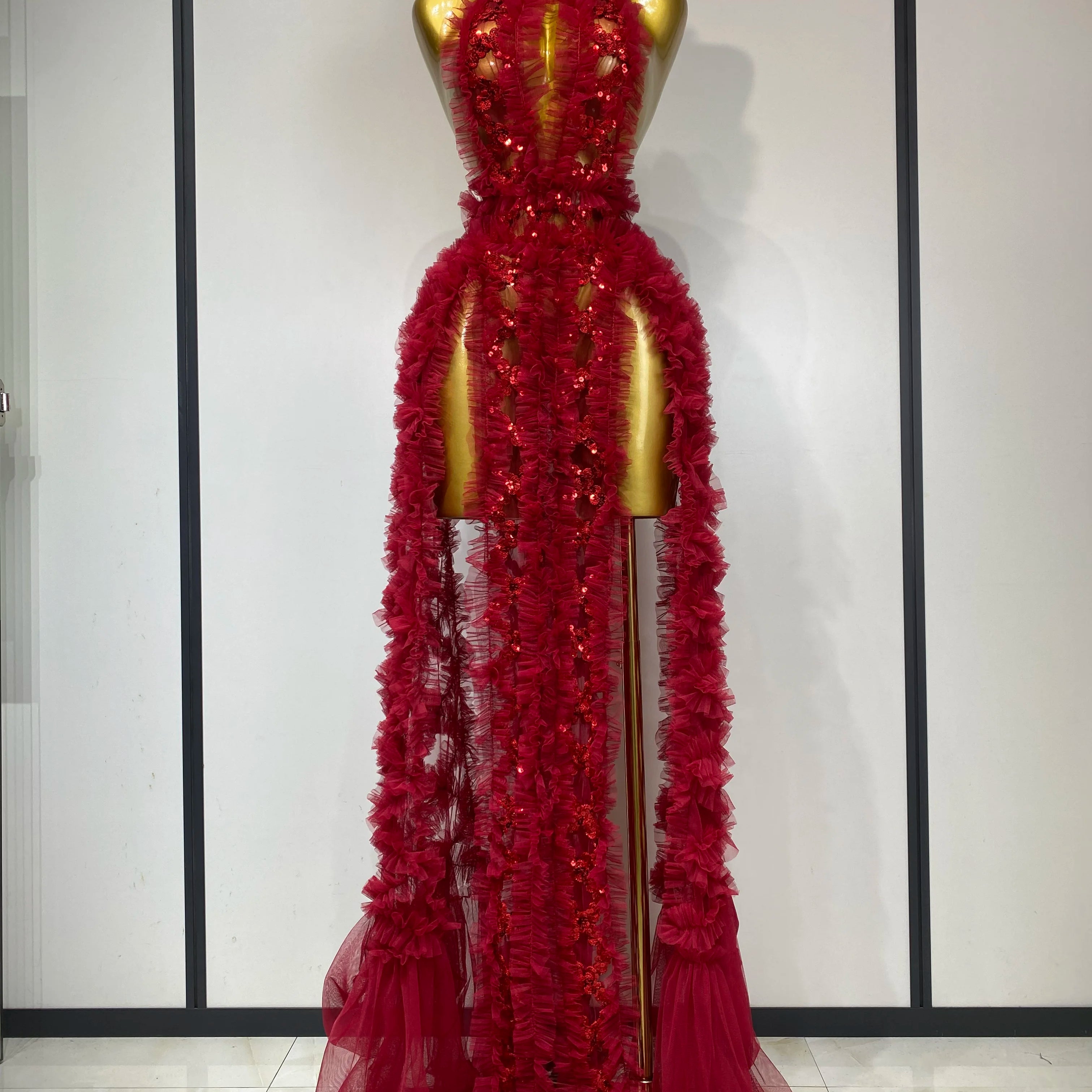 Vestido transparente com lantejoulas de malha preta, sexy, frente única, festa noturna, baile, boate, cantor, traje para performance no palco, 2025