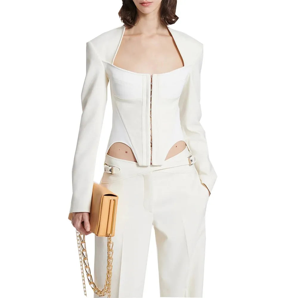 Solid Irregular Coats For Women Square Collar Long Sleeve Temperament Minimalist Coat Female Fashion Style Clothing WHITE