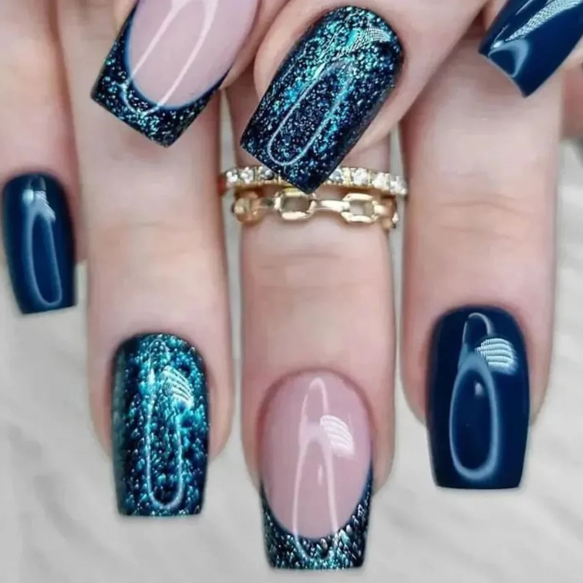 24pcs French Press on Nails Blue False Nails Wearable Stick-on Nails Fake Nail Uñas Postizas Накладные Ногти Faux Ongles 네일팁