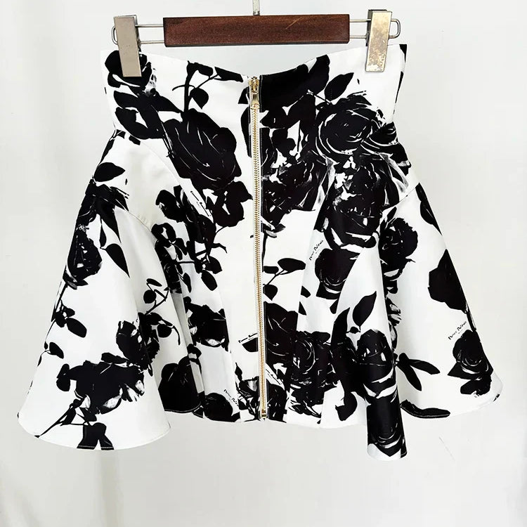 HIGH STREET Newest Runway Designer Fashion Women's Metal Rose Buttons Printed Floral Mini Skirt