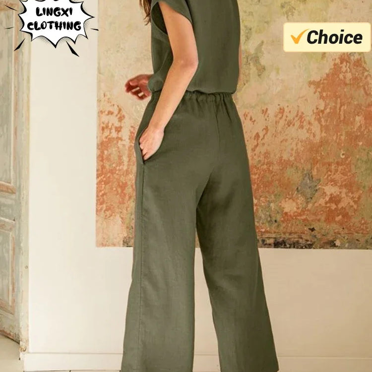 2024 New Matching Series Plus Size Women's Clothing Set Fashion Cotton and Hemp Short Sleeved Shirt Wide Leg Pants Two Piece Set