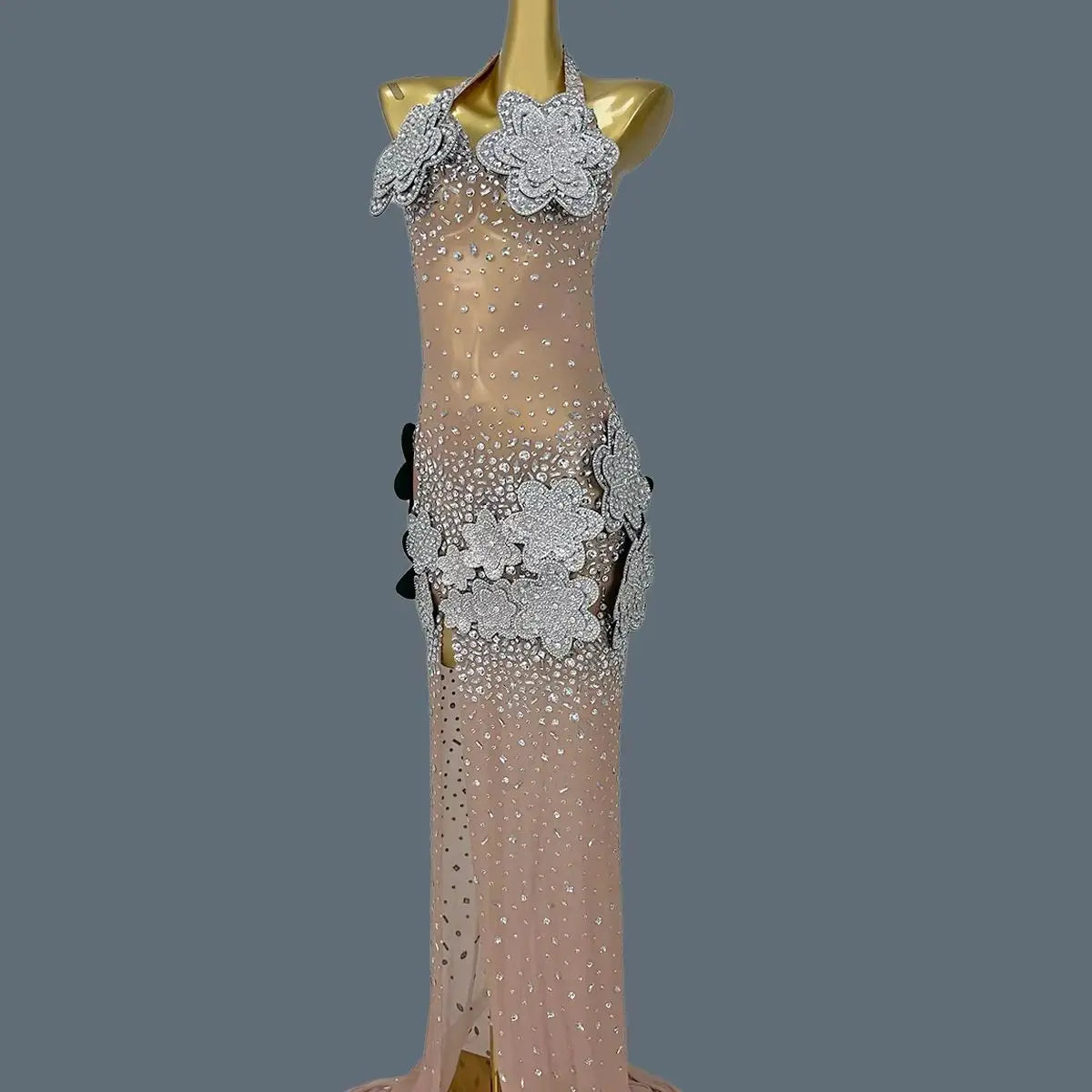 3D Flower See Through Mesh Evening Dress Sexy Women High end Couture Sparkly Rhinestone Party Long Dress Event Outfit Tiehua
