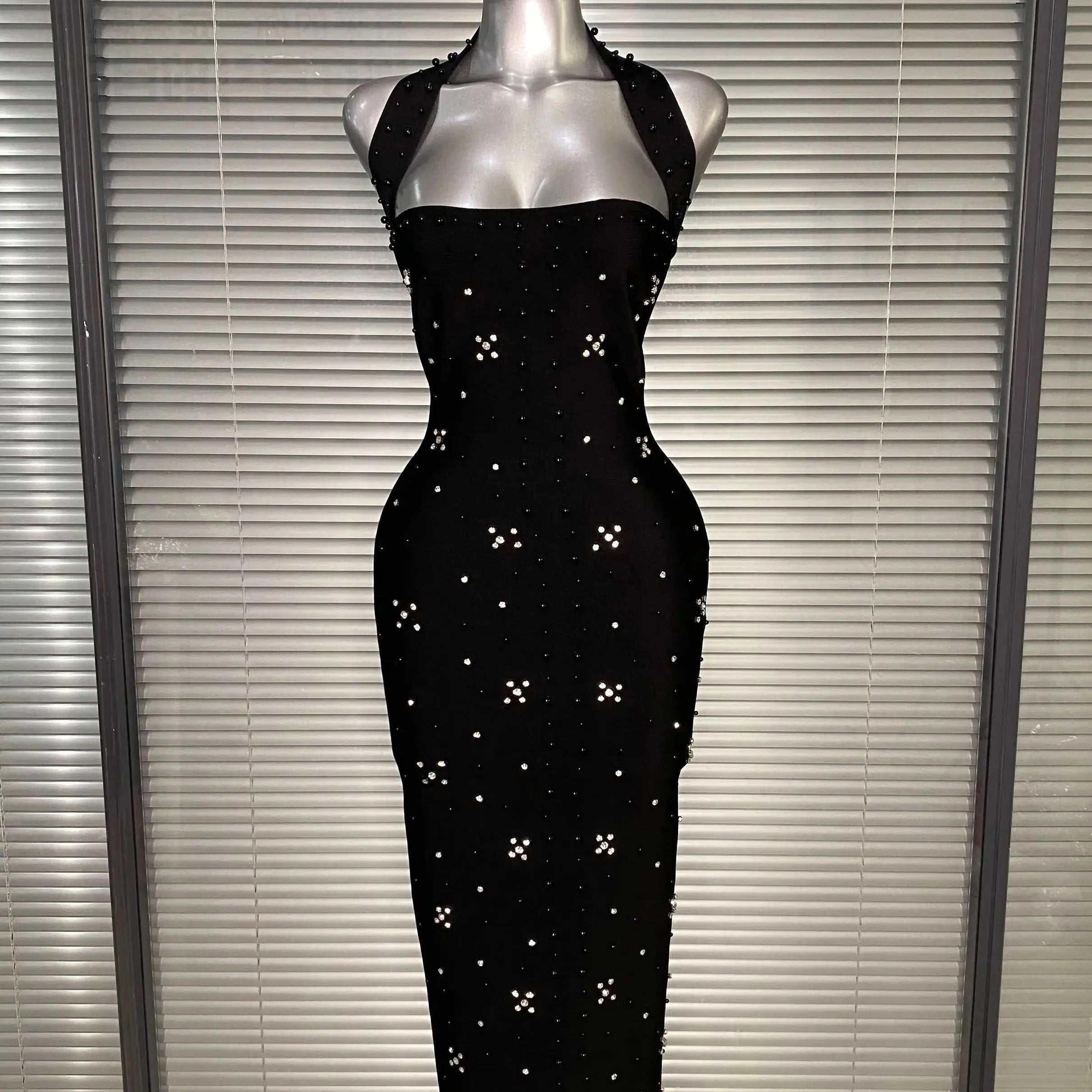 Summer New 2025 Women Black Halter Long Bodycon Bandage Dress Crystal Beaded Backless Evening Party Dress Vestido