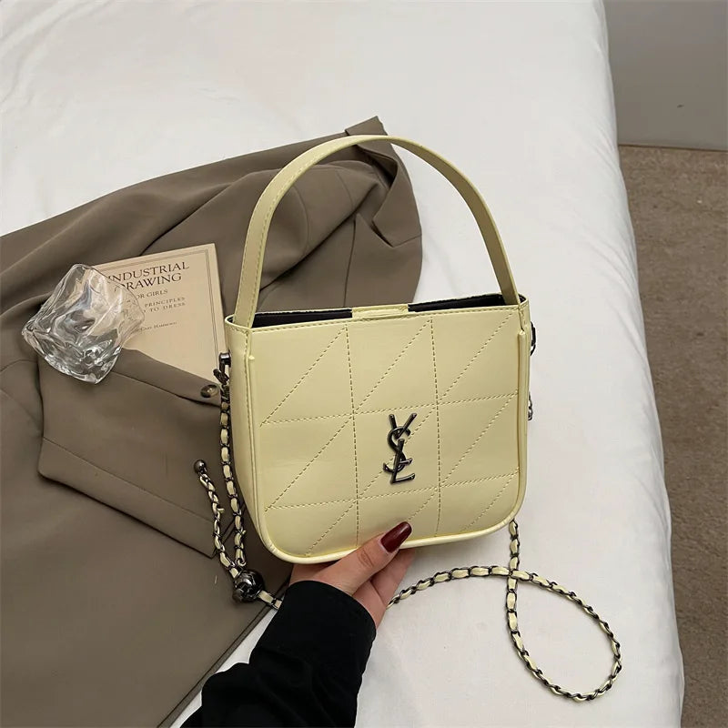 Quilted Leather Crossbody Bag - 90s Vintage Shoulder Purse for Women, Designer Luxury Small Handbag with Chain