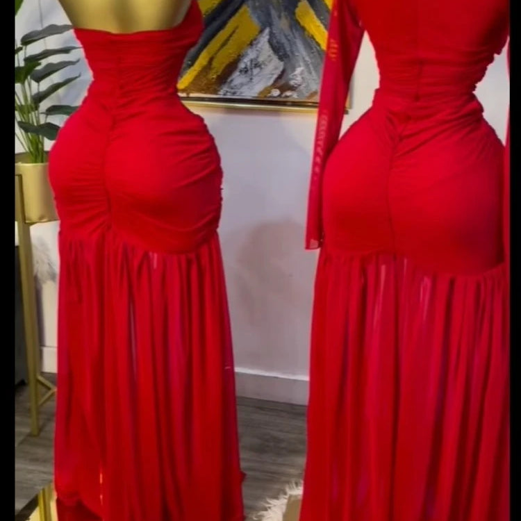 CM.YAYA Women Stacked Ruched Draped High Split Pleated Maxi Long Bodycon Dress 2025 Holiday Birthday Club Party Evening Dresses