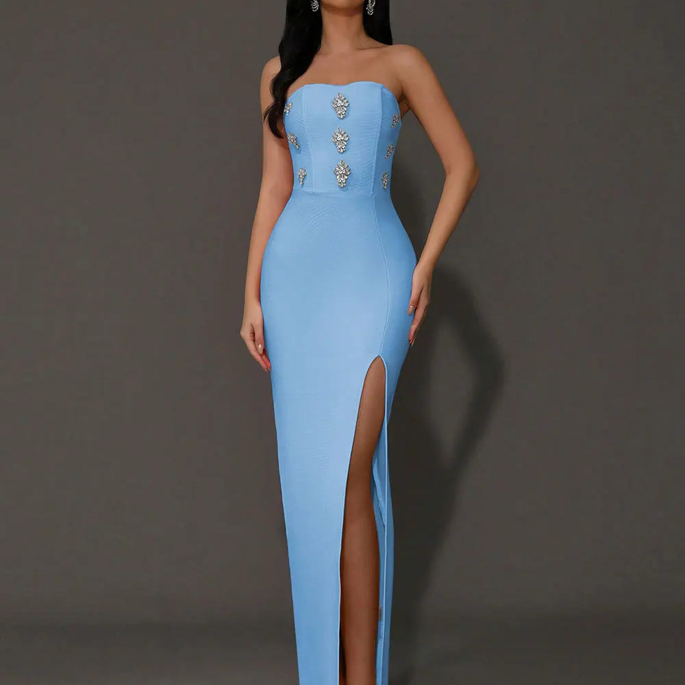 2024 Sexy Women'S Light Luxury Rhinestone Bandage Dress Strapless Sleeveless Bodycon Split Length Dress Christmas Party Vestidos