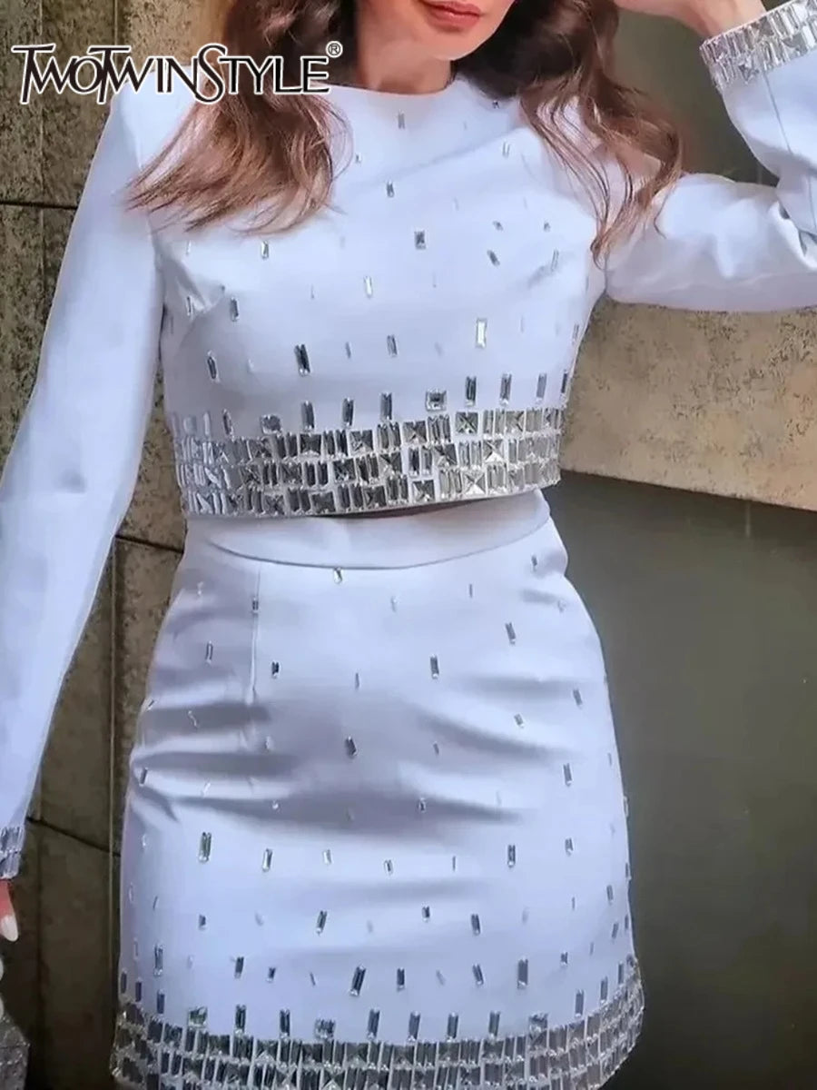 TWOTWINSTYLE Solid Slimming Spliced Bead Two Piece Sets for Women Round Neck Long Sleeves Short Top High Wasit Skirt Set Female