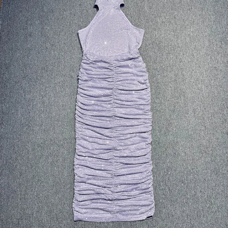 Women Celebrity Sexy Sleeveless Diamonds Backless Ruched Beige Maxi Long Gowns Dress  Elegant Evening Party Club Vestido