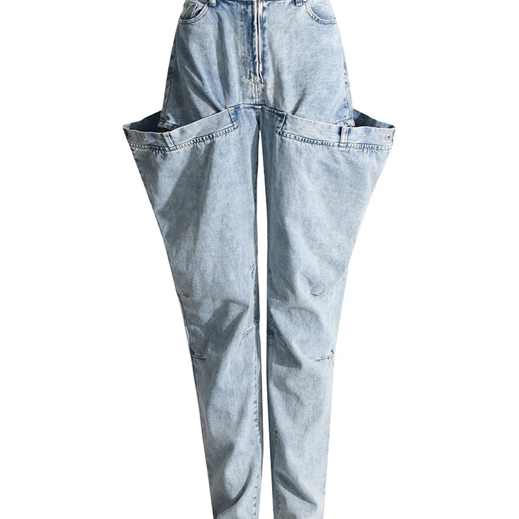 Irregular Hollow Out Spliced Button Jeans For Women High Waist Patchwork Zipper Streetwear Denim Long Trousers Female Style