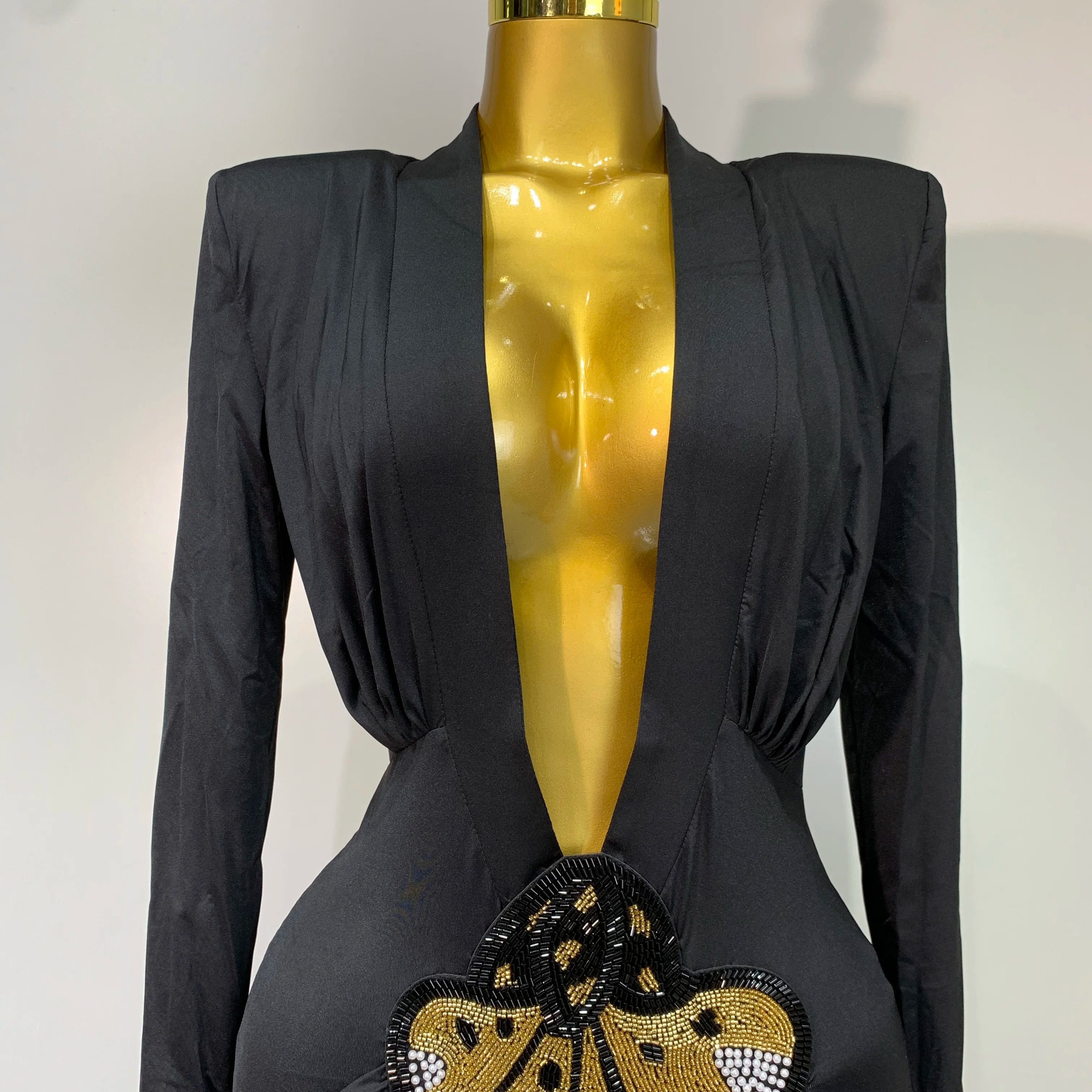 Women Sexy Deep V-Neck Bead Long Sleeved Bodycon Prom Gowns Elegant Celebrity Evening Maxi Dress Luxury Birthday Dress Wedding