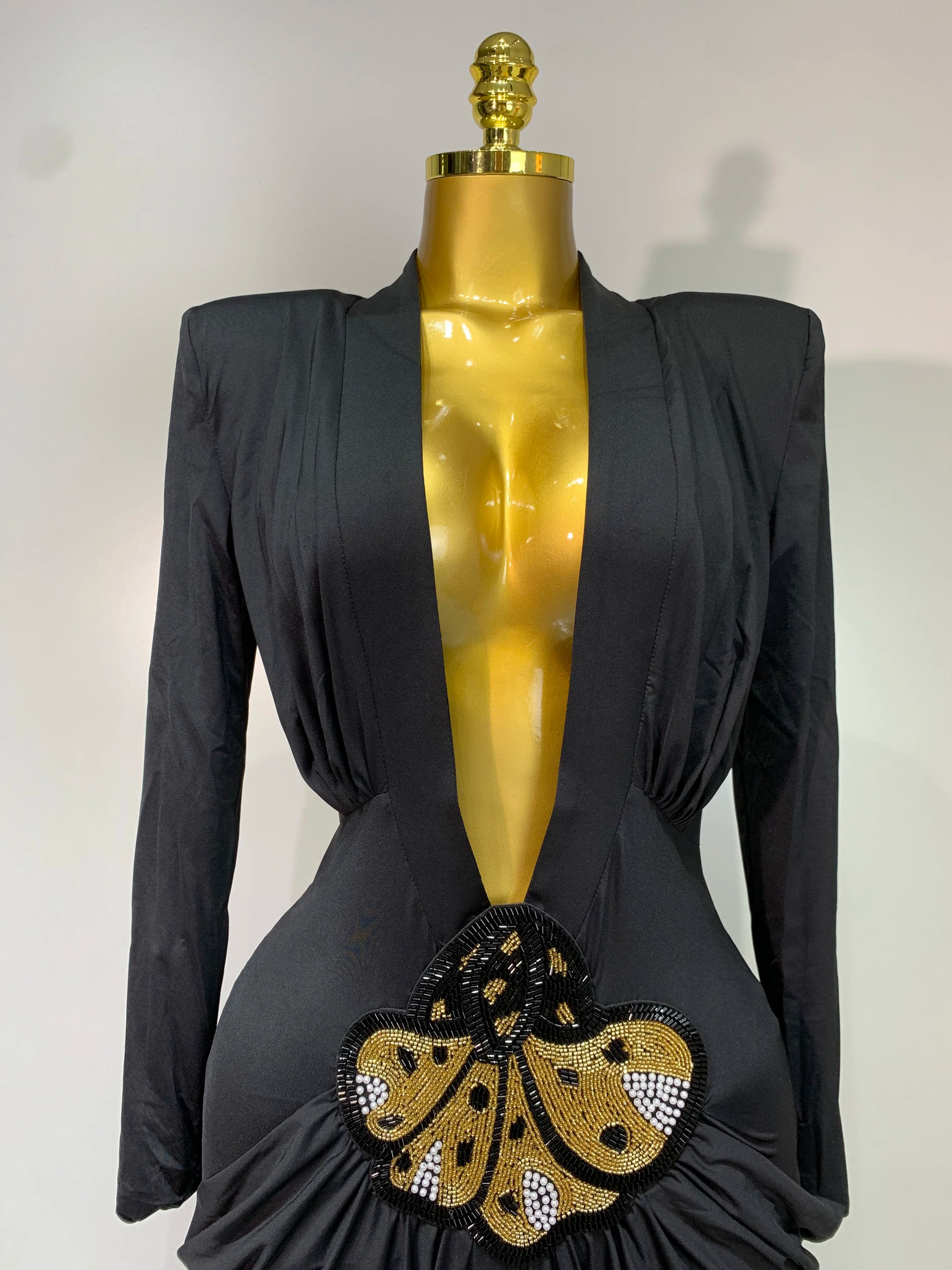 Women Sexy Deep V-Neck Bead Long Sleeved Bodycon Prom Gowns Elegant Celebrity Evening Maxi Dress Luxury Birthday Dress Wedding