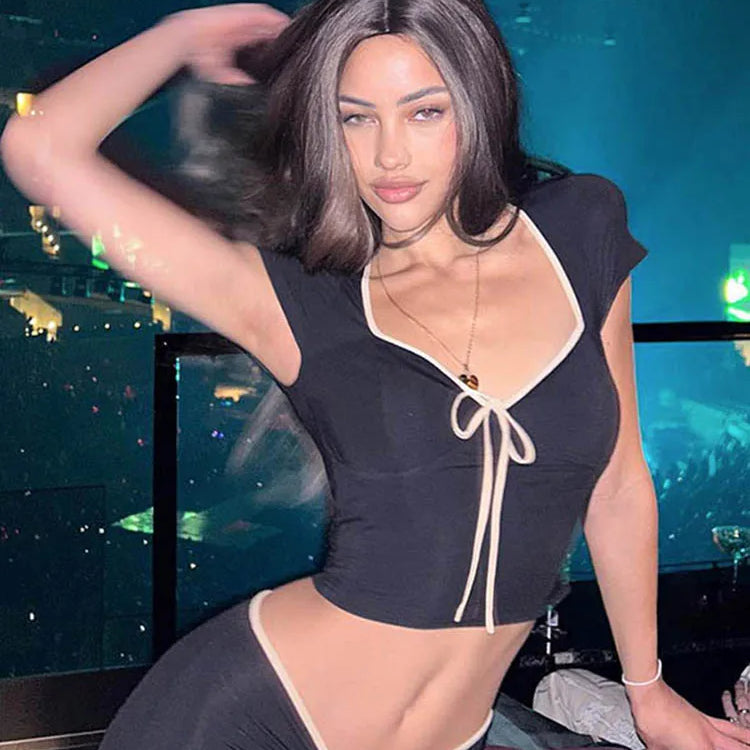 Y2k Summer Crop Top Bow Baby Tees Womens Clothes Chic Cute Low Cut Short Sleeve T Shirts Black