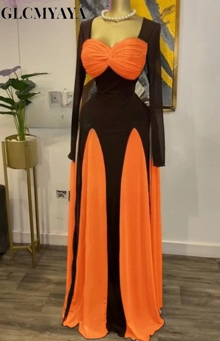 GLCMYAYA Women Long Sleeve Draped Front Midi A-line Patchwork Maxi Long  Dress 2025 Vacation Holiday Party Birthday Dresses