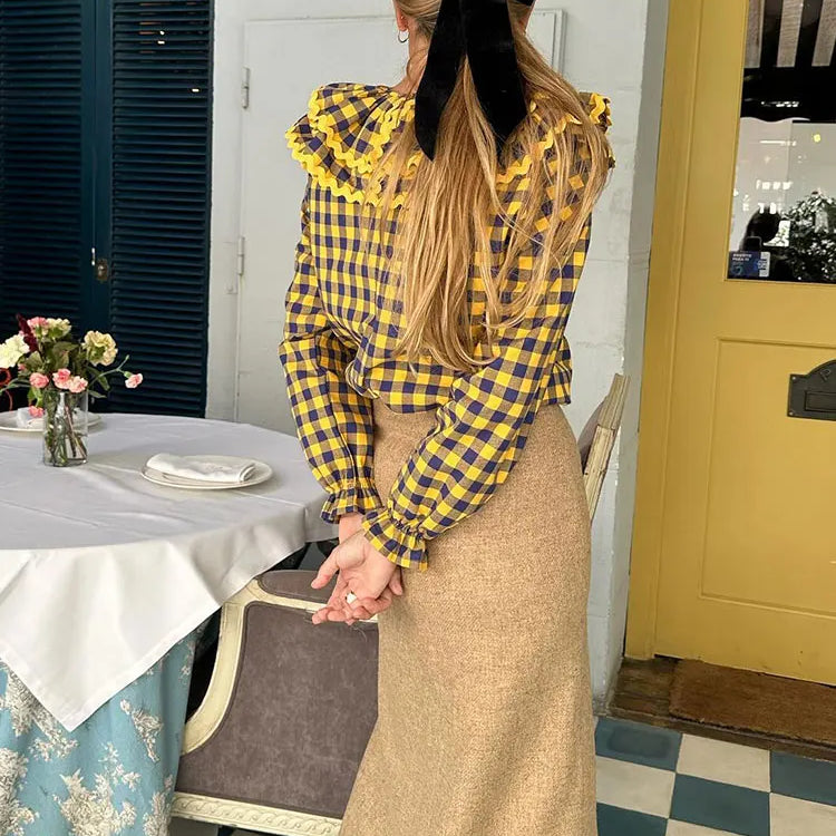 Spring Women Green Plaid Print Puff Sleeve T Shirt Elegant Casual Loose Ruffles O Neck Tops New Female Commute Streetwear