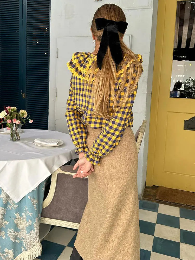 Spring Women Green Plaid Print Puff Sleeve T Shirt Elegant Casual Loose Ruffles O Neck Tops New Female Commute Streetwear