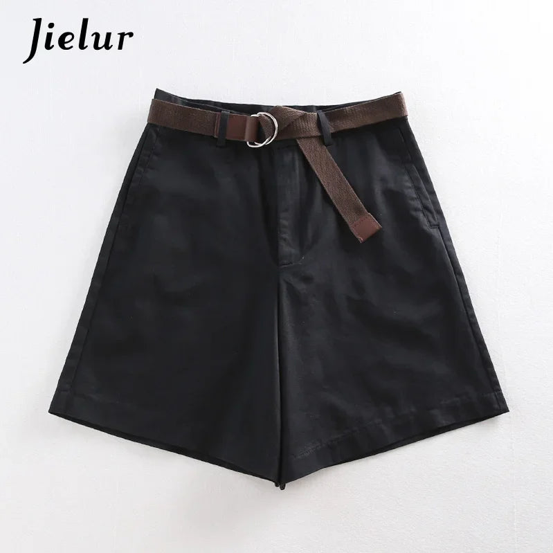 Jielur Shorts All-match 4 Solid Color Sashes Casual Shorts Women A-line High Waist Slim Short Femme Chic S-XXL Ladies Bottom black