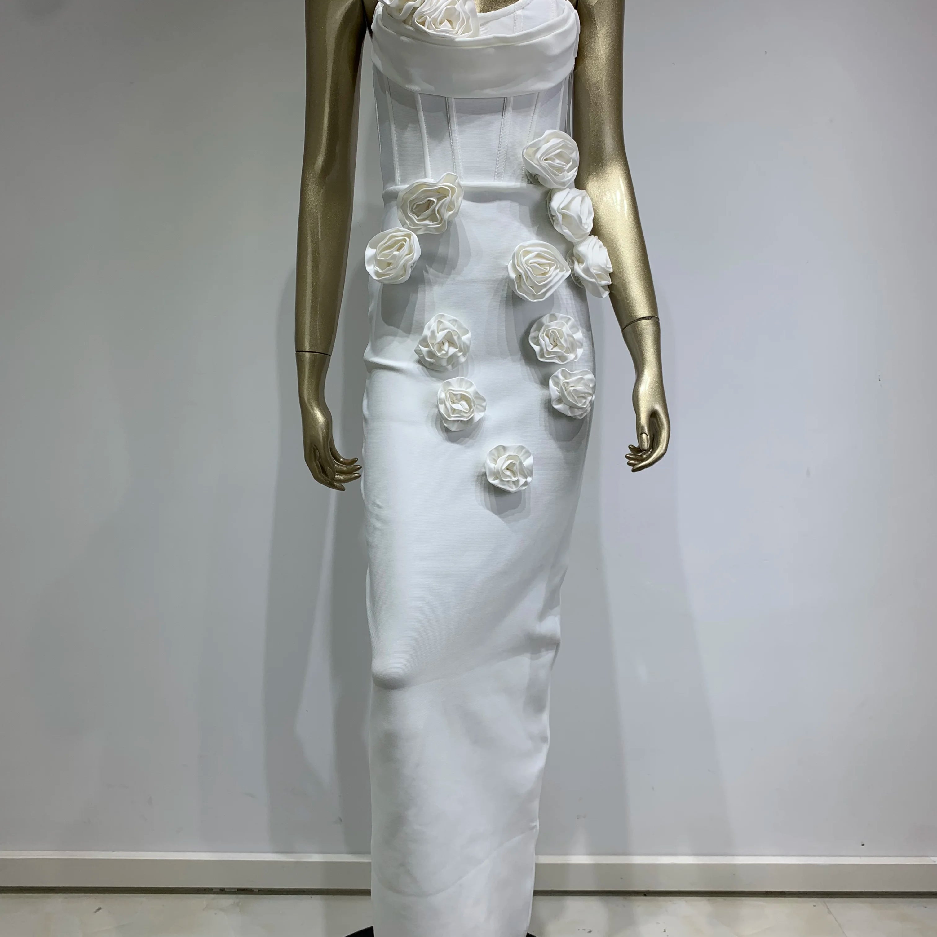 Women Celebrity Sexy Strapless Backless Flower White Maxi Long Bodycon Bandage Dress 2024 Elegant Evening Club Party Dress