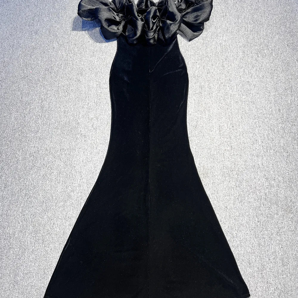 Black Winered Color Women Sexy Off the Shoulder Ruffles Bodycon Velvet Maxi Dress Wedding Party Mermaid Cocktail Outfit