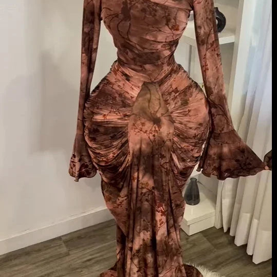 CM.YAYA Women Tie Dye Printed Skew Neck Flare Long Sleeve Ruched Stacked Maxi Long Dress 2025 Summer Birthday Sexy Party Dresses Color02