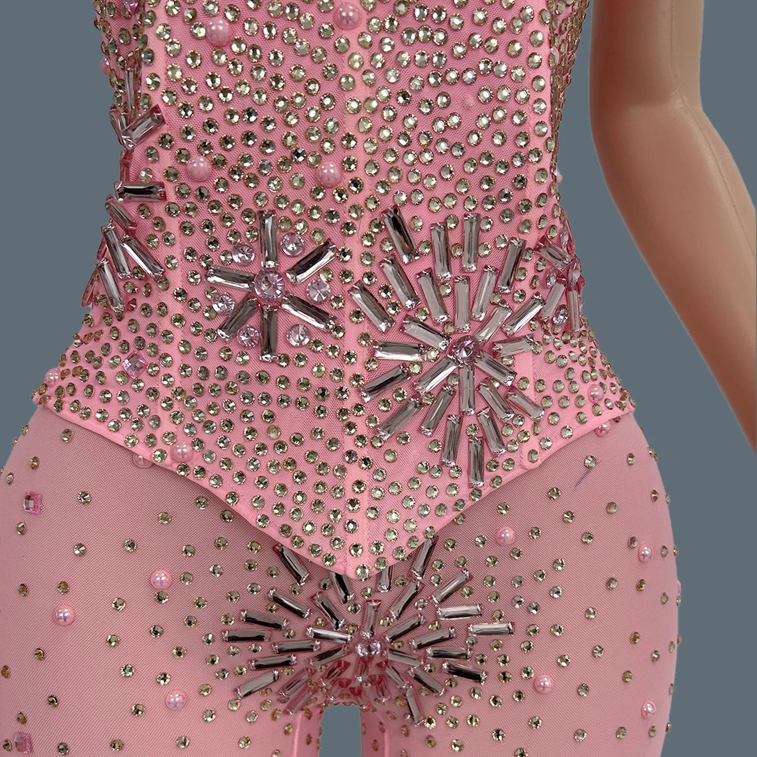 Sparkly Rhinestone Spandex Sleeveless Bodysuit Women Sexy Sheer Mesh Birthday Party Outfit gig Dance Performance Wear Niubujiao