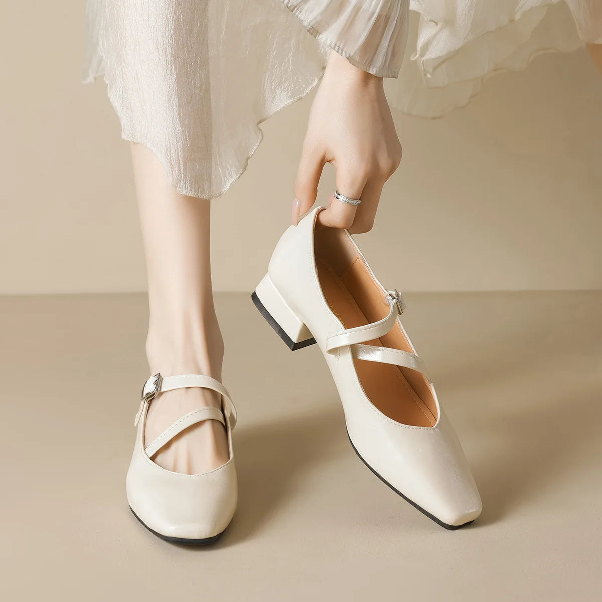 spring women's outerwear shoes Square toe design Mary Jane shoes Ladies casual high heels Work boat shoes Large sizes 41-43