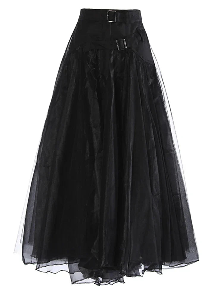 [EAM] High Waist Khaki Buckle Irregular Mesh Long A-line Half-body Skirt Women Fashion Tide New Spring Autumn 1DH0633 Black