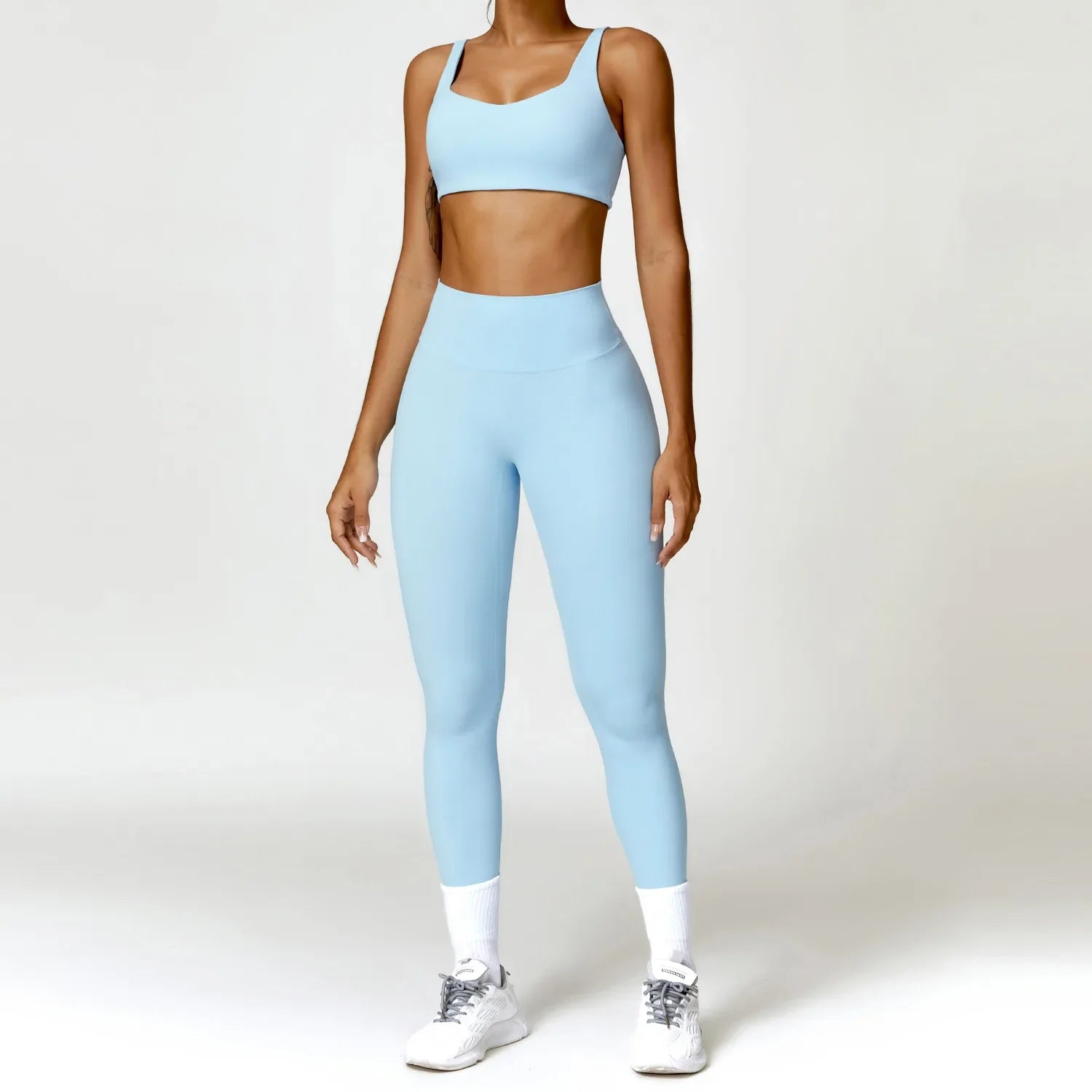 Women Tracksuit Yoga Set 2PCS Sportswear Workout Clothes Athletic Wear Gym Legging Fitness Bra Crop Top Long Sleeve Sports Suits Sky Blue Set-2 CHINA